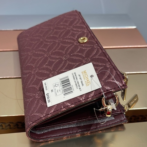 Michael Kors Jet Set Travel Large Double-Zip Wristlet-Wallet-PhoneHolder Oxblood - Picture 7 of 16